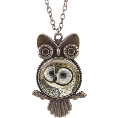 Classic Cute Owl Round Metal Glass Pendent Necklace Fashion Bird Necklace for Women Men Girls Kids Collar Jewelry Gift Wholesale
