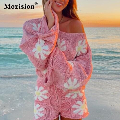 Mozision Fashion Lounge Wear Casual Knitted Women Tracksuit Autumn Long Sleeve Floral Sweater Tops And Mini Shorts Two Piece Set