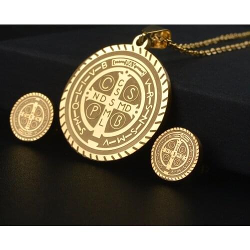 St Benedict Golden Stainless Steel Religious Women Necklace Earring Sets