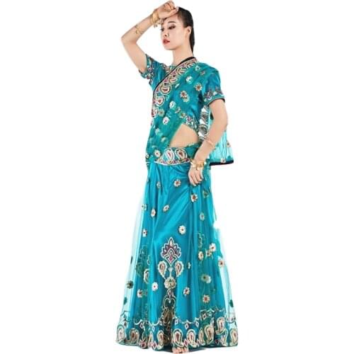 Halloween Dance Clothes Performance Belly Dance Clothes Indian Dance Embroidered Bollywood Costume 3pcs Set (Top, Skirt & Sari)