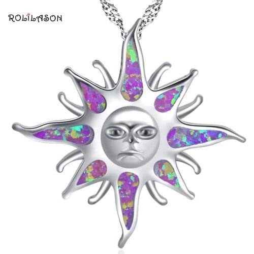 ROLILASON Sun flower design for women gift pink fire opal silver Pendant Necklaces for women fashion jewelry OP773
