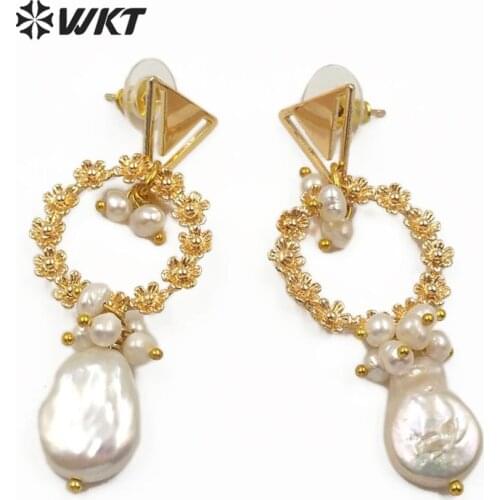 WT-MPE011 newest natural freshwater pearl earring Bohe style pearl with gold electroplated wreath earring woman fashion jewelry