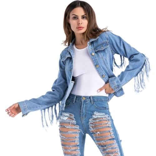 Womens Blue Cropped Denim Jackets Coat 2020 Female Autumn Oversize Back Tassel Single Breasted Tops Coats Feminine Clothing
