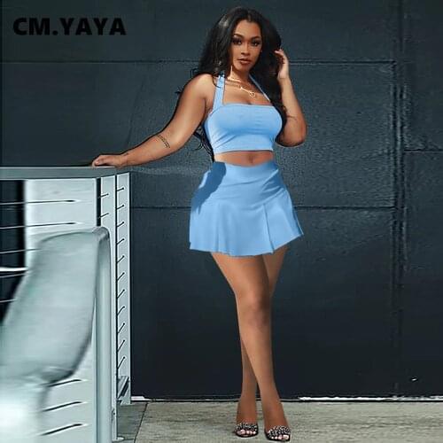 CM.YAYA Women Set Solid Sleeveless Halter Backless Crop Tops Mini A-line Skirts Two 2 Piece Sets Fitness Tracksuit Summer Outfit