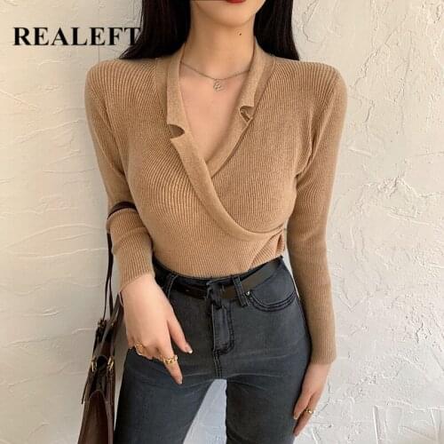 REALEFT 2021 New Ladies Knitting Tops Fashion V Neck Long Sleeve Solid Color Elegant Womens Sweaters Pullovers Autumn Winter