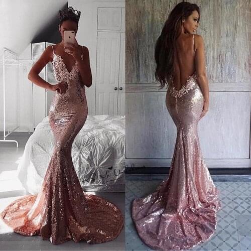 Robe de Soiree Courte Sexy Women Backless Evening Dresses Pink Sequined Lace Long Prom Party Mermaid Dress V Neck Gala 2020