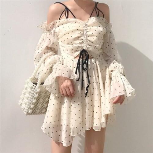 2020 Women Vintage Polka Dot Drawstring Draped Bodycon Mini Dress Romantic Lady Puff dress V Neck Party Sexy Dress
