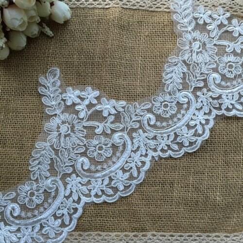 5 Yards Scalloped Embroidery Ivory Alencon Lace Trim With Floral On Mesh Wedding Dress Accessories 5.5 inch