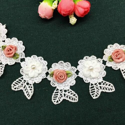 50x Fashion French Fabric 3D Pearl Sun Flower Lace Trim Leaf Tassel Embroidered Ribbon Bridal Wedding Dress DIY Sewing Craft