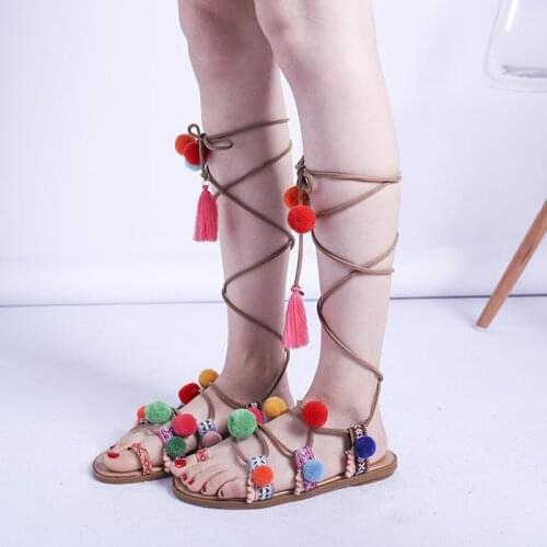 2021 Hot Bohemian Style Sky Blue Pom Pom Flat Sandals Lace-up Fringe Beach Dress Shoes Sweet Mixed Color Tassel Flip Flops