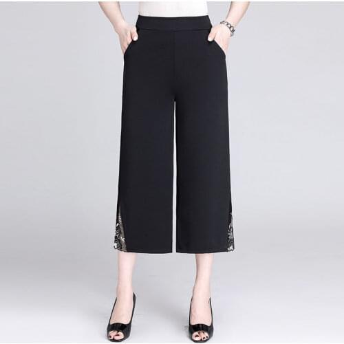 Middle Aged Womens Trousers For Women Spring Summer Casual Lace Patchwork Pant High Waist Wide Leg Pants Female Pantalon Mujer