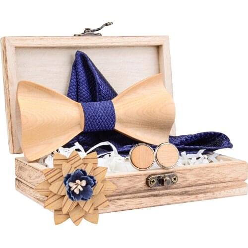 Ricnais New Floral Maple 3D Wooden Bowtie For Mens Pocket Square Cufflinks Brooch Set Suit Gravata Wood Bow Tie And Box Gift Tie