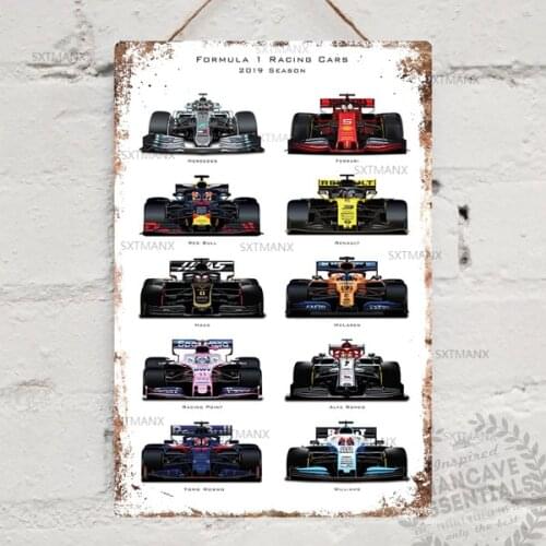 Formula 1 2019 Teams Wall Art Man Cave Decoration Bar Pub Lager Metal Wall Tin Sign Vintage Garage Wall Decor Metal