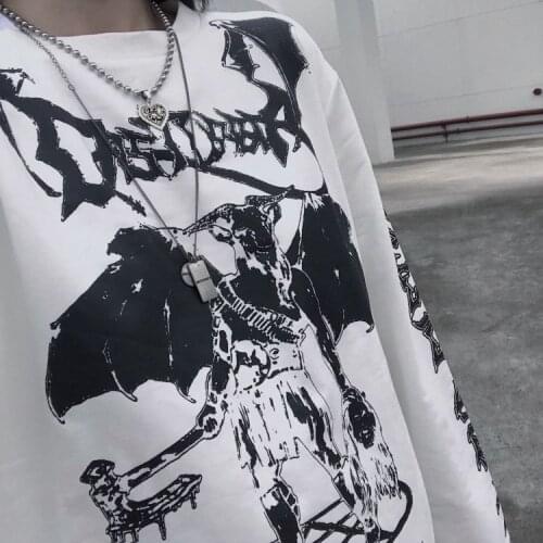 Top Punk Gothic T-shirts Loose Streetwear Harajuku demon Print Summer Fashion Female Long sleeve Casual Vintage women black tees