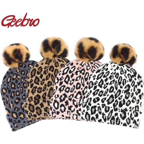 Geebro Women Leopard Beanie Hat With Raccoon Fur Pompom Winter Warm Knitted Slouchy Beanie Outdoor Fashion Cap