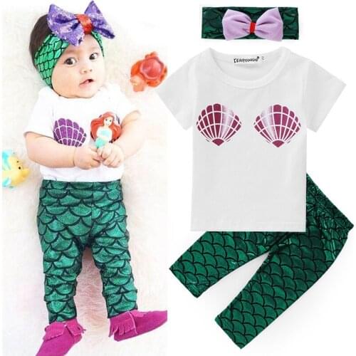 Cotton fabric / 2017 summer kids set / mermaid leggings + t-shirt + mermaid headband
