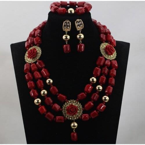 Quality Wine Red Coral Beads Bridesmaid Necklace Set Pendant Indian Dubai African New Jewelry Set Free Ship CNR654