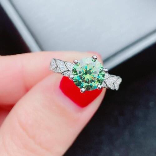 Geoki Luxury 925 Sterling Silver Round Perfect Cut Passed Diamond Test 1 CT Green VVS1 Moissanite Wheat Shaped Wedding Ring Gift
