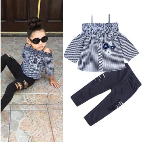 New Baby Girls Sets Summer For Kids Clothes Sets Pure cotton lattice suspender long sleeve shirt+trousers Children Clothing2-6Y