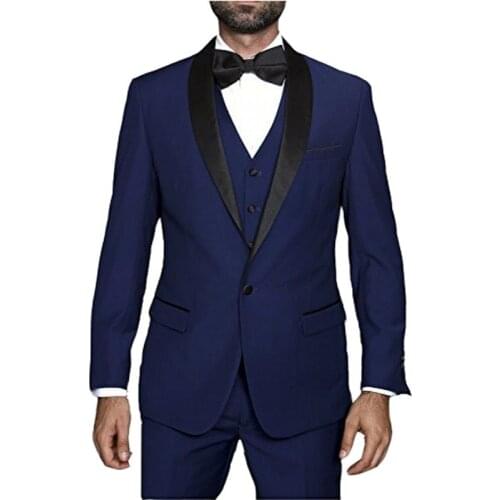 Handsome Navy Blue Shawl Collar Groom Tuxedos Slim Fits Mens Evening Dress Toast Business Suits (Jacket+Pants+Vest+Tie) W:128