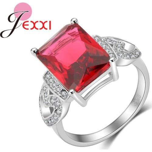 Red Wedding Rings For Bridal 925 Sterling Silver AAA+ Cubic Zirconia Austrian Crystal Square Engagement Jewelry Party Gift