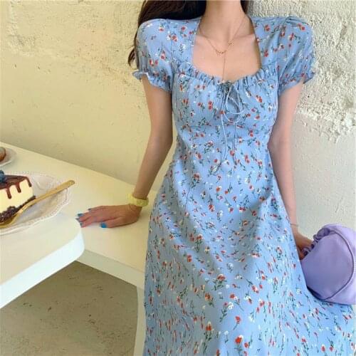 Boho A-Line Puff Sleeve Summer Dressers Women Elegant Vintage Casual Square Collar Print Long Dress All-match Street Fashion