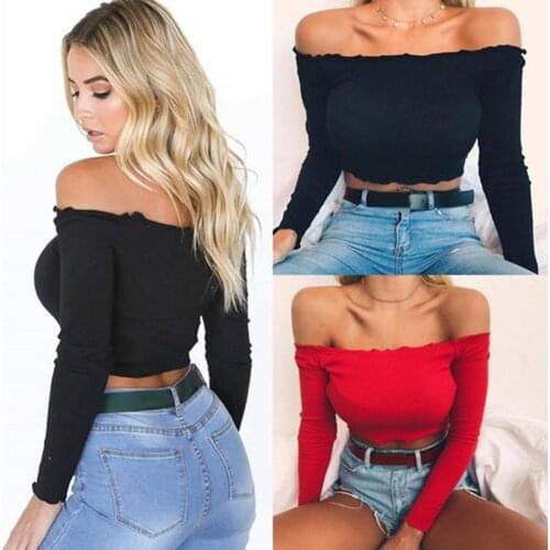 HOT SALES!!! Sexy Women Shirt Crop Top Casual Off Shoulder Solid Color Long Sleeve Bodycon Crop Top Shirt For Womens Shirt Top