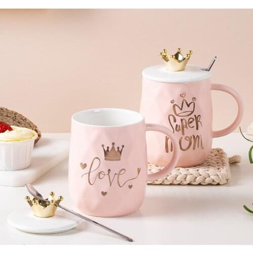 Cute Pink Little Crown Coffee Mugs English Print Milk Mugs Water Cup New Crown Theme Drinkware Spoon with Lid