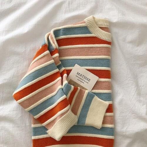 JMPRS Fashion Striped Women Pullover Sweater Casual O Neck Pullover Autumn Loose Multi Color Knitted Jumper Female Winter Tops