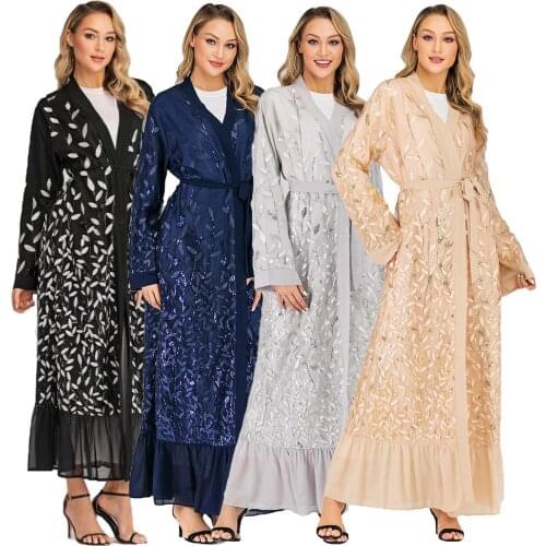 Dubai Muslim Women Embroidery Lace Open Cardigan Abaya Islamic Kaftan Maxi Dress Long Sleeve Arab Robe Gown Jilbab 2019 Autumn
