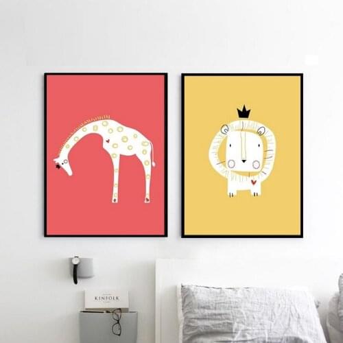 Modern Nordic Minimalist Cartoon King Animals Lion Giraffe Art Print Poster Wall Picture Canvas Painting Kids Room Home Decor