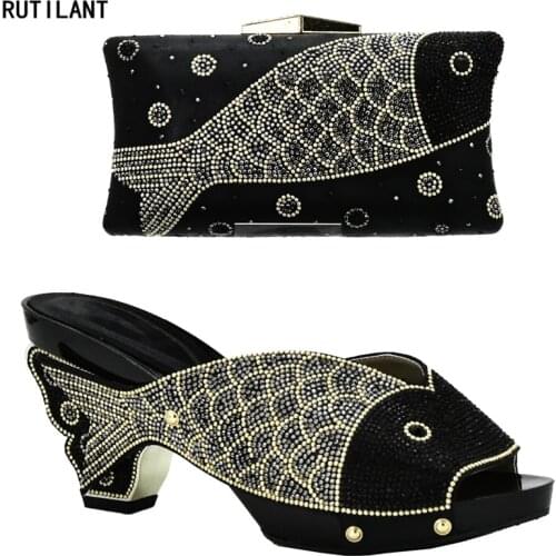 New Arrival Black Color African Women Shoes Bags Set Decorated with Rhinestone Latest Nigerian Women Wedding Shoes and Bag Sets