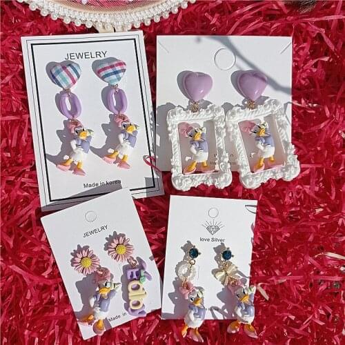 New Arrival 2021 Pink Daisy Duck Cartoon Dangle Earrings Accessories Disney Asymmetric Ear Drops Purple Gentle 925 Silver