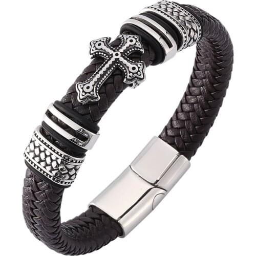 New Fashion Men Jewelry Brown Braided Leather Cross Bracelet Punk Stainless Steel Magnetic Clasp Trendy Bracelets Bangles SP0120