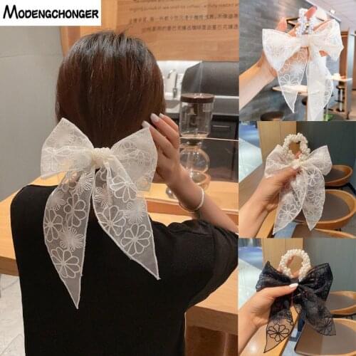 New Fashion Printed Bowknot Pearl Elastic Hair Rope For Woman Girls Simple Streamer Hair Scrunchies Hair Circle Hair Accessories