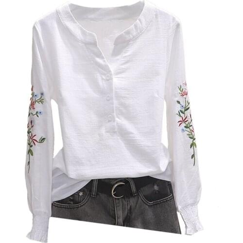 Long Sleeve Shirt Emboridery Cotton Slim Women T-shirts 2021 New V-neck Female All Match Casual Tops Harajuku Korean Aesthetic