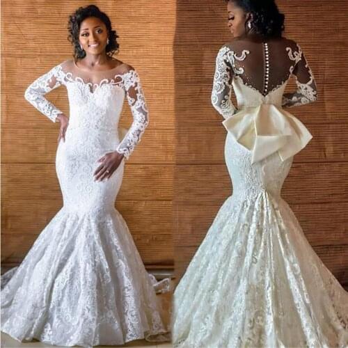 Off Shoulder Wedding Dresses African Mermaid Long Sleeves Lace Bridal Gowns Vestido De noiva