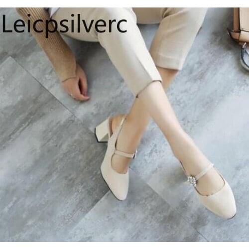 Pumps Spring and autumn new style Square head Shallow mouth Buckle Thick heel mid heel Womens Single shoes plus size 32-46
