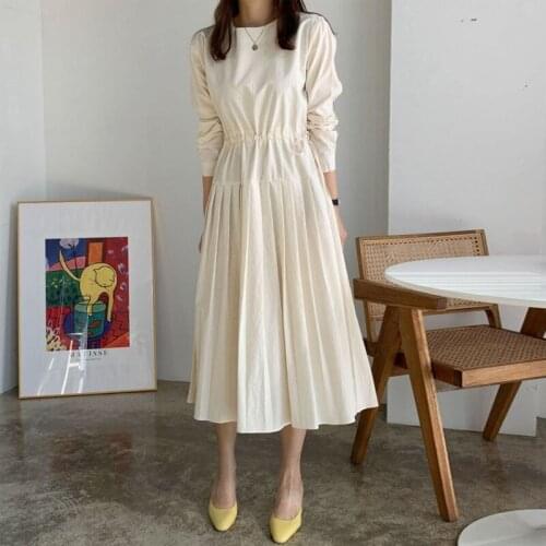 O-Neck Spring Long Midi Dress Women Pleated Dress Lace Up Cotton Elegant Office Lady Party Dress Korean Puff Sleeve Vintage