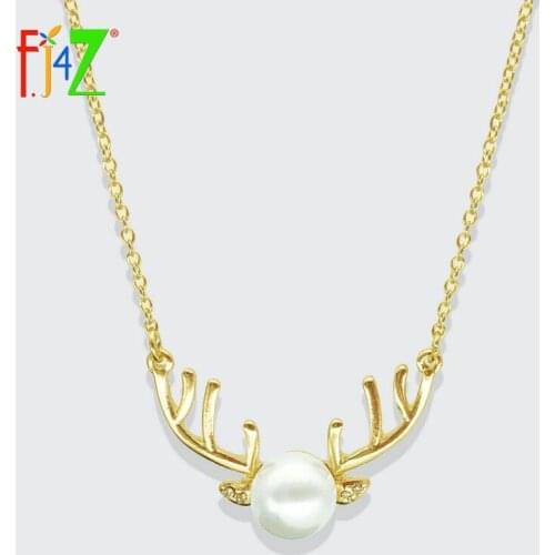 F.J4Z New Designer Deer Necklace Jewelry Simulate Pearl Head Alloy Antlers Pendant Short Gold Chain Collar Necklace for Women