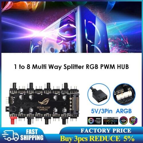 5V/3 Pin ARGB 4 Pin Fan PWM HUB 1 To 8 Multi Way Splitter for PC Motherboard LED Strip Light Control Adapter Powered