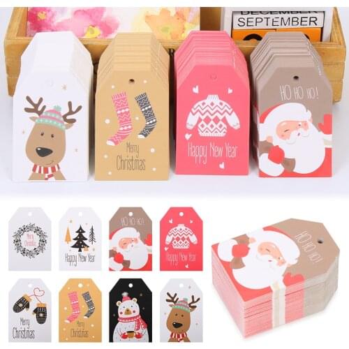 100pcs DIY Kraft Tags with Rope Merry Christmas Labels Gift Wrapping Paper Hang Tags Santa Claus Paper Cards Xmas Party Supplies