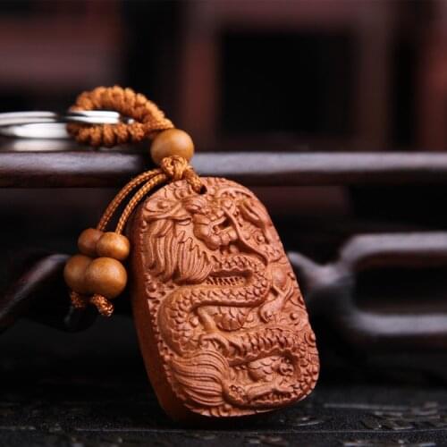 Rosewood carved wishful Lucky Dragon pendant keychain car keys ornaments wood wholesale DIY accessories charms free shipping