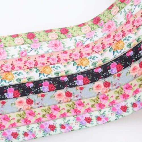 DHK 5/8'' 50yards Flowers Floral Rose printed Fold Elastic FOE stretch ribbon hairbow headwear headband DIY OEM S1480