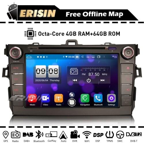 Erisin ES8728A Octa-Core 8" Touchscreen Android 10.0 CarPlay Autoradio GPS DVD WiFi DAB+ for Toyota Corolla E140 E150 2006-2013