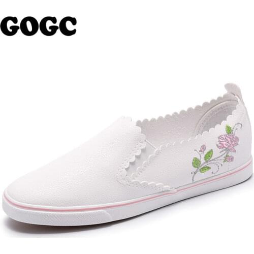 GOGC Vulcanized Shoes Slip on Ladies Leather Shoes Slipony Women Flower Flat Shoes Women Breathable Soft New Women Sneakers G976