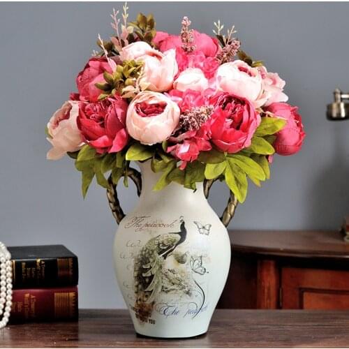 Beautiful Artificial Flower Ceramic Vase Set Simulation Chinese Peony Living Room Home Decoration Wedding Live Prop Friend Gift
