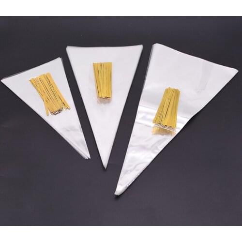 Cone Bags Gold Twist Ties Seal Pouches Clear Plastic Gift Bags for Candy Cookies Storage 50Pcs 3 Sizes Transparent Cellophane
