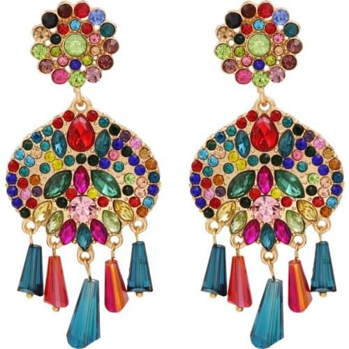 Fashion Geometric Big Earrings Women Colorful Crystal Rhinestone Long Earring Female Indian Ethnic Statement Large Pearl Earring