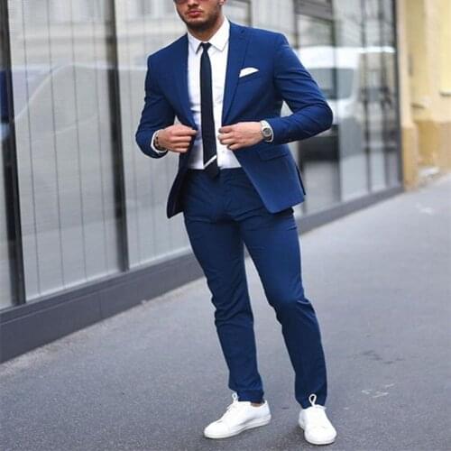 Mens Suits For Wedding Two Pieces Navy Blue Formal Stylish Notch Lapel Slim Fit Fashion Blazer Jackets Pants Prom Party Costumes